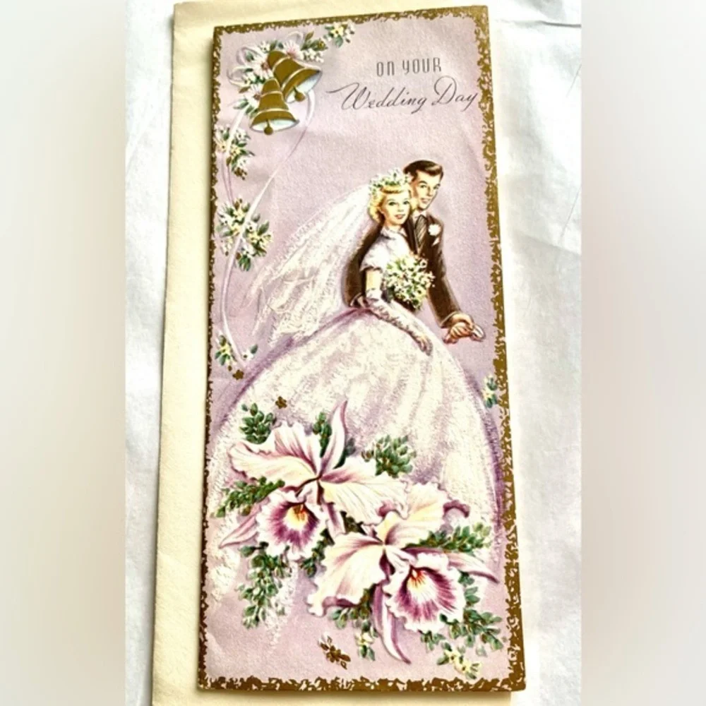 VTG Unused 1960’s Wedding Card with Envelope Vintage Bride Groom Orchids Bell